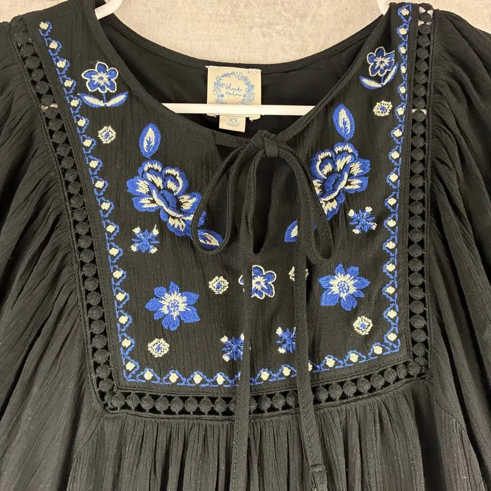 Blue Rain Boho Tunic Dress Womens Oversized XS Black Blue Floral Cottage Peasant